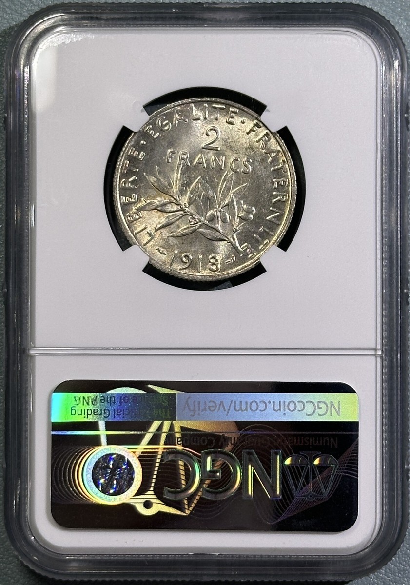 France 1918 Silver 2 Francs French Paris Mint BU Coin NGC MS6 Full