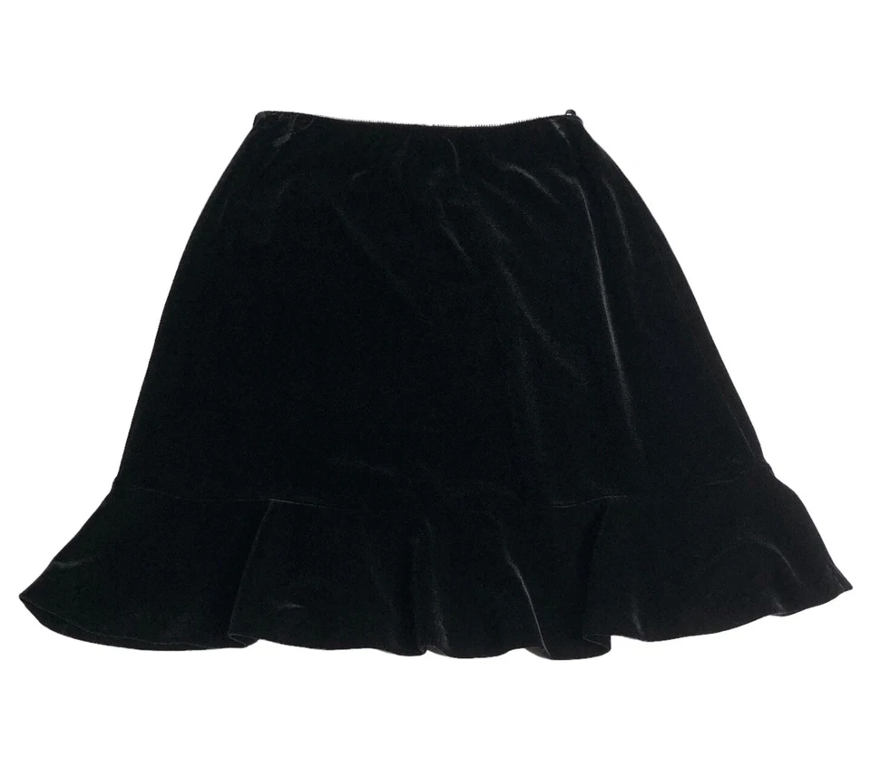 Alex Evenings 裙子女式 S 小号黑色天鹅绒荷叶边下摆 Y2K 90 年代奇思妙想 — 第 2/4 张图片