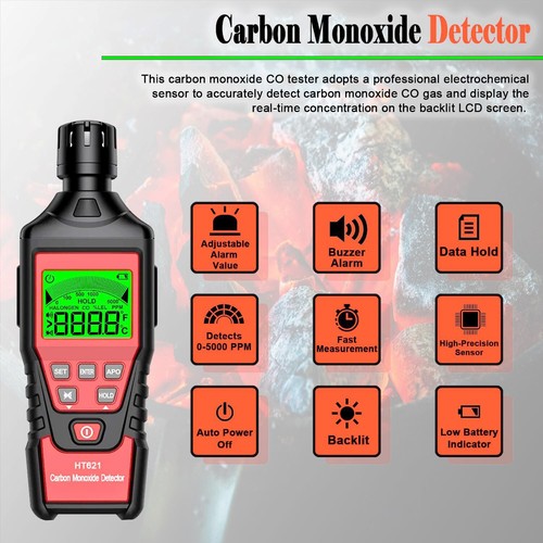 Misuratore di Monossido di Carbonio Portatile, Rilevatore di CO 0-5000PPM per Viaggio Auto Campeggio - Foto 2 di 8