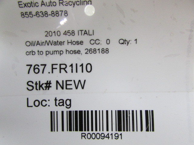 Ferrari 458 Italia, Speciale, Tank to Pump Water Hose, New, P/N 268188