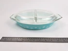 Vintage Pyrex Turquoise Snowflake Divided Oval Dish & Lid 1.5 qt. Ovenware USA