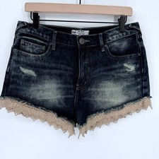 Free People Denim Jean Shorts w Lace Trim Bottom Distressed Medium Wash W 29