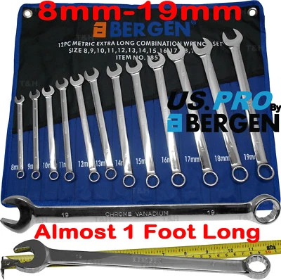 BERGEN EXTRA LONG Spanners 12pc Long Reach Combination Wrench Spanner Set 8-19mm