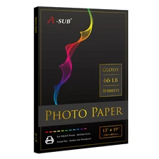 A-SUB Premium Photo Paper 13x19 Glossy 66 lb Waterproof Inkjet Printer A3+ 50 Ct