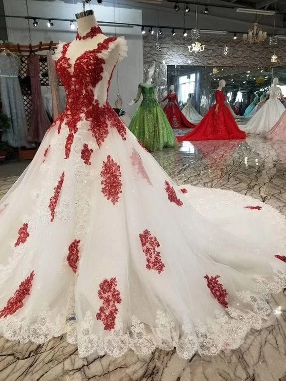 Vestidos de novia rojos y blancos cuello alto mangas de encaje apliques vestidos de novia Foto 3 de 4