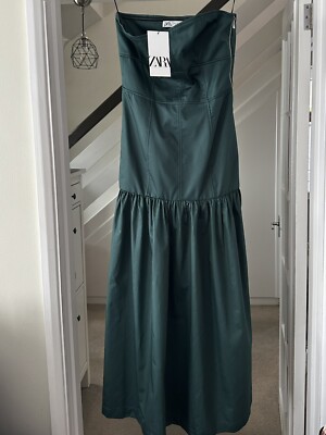 ZARA Dark Green Strapless Bandeau Long Dress with Topstitching Size S  Christmas | eBay