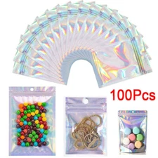 100PCS Holographic Mylar Foil Bag Resealable Zipper Pouch Packaging Clear Front