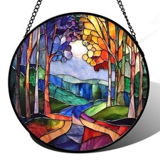 Stained Glass Window Hanging, Colorful Forest 9.8x9.8 IN Purple-orange