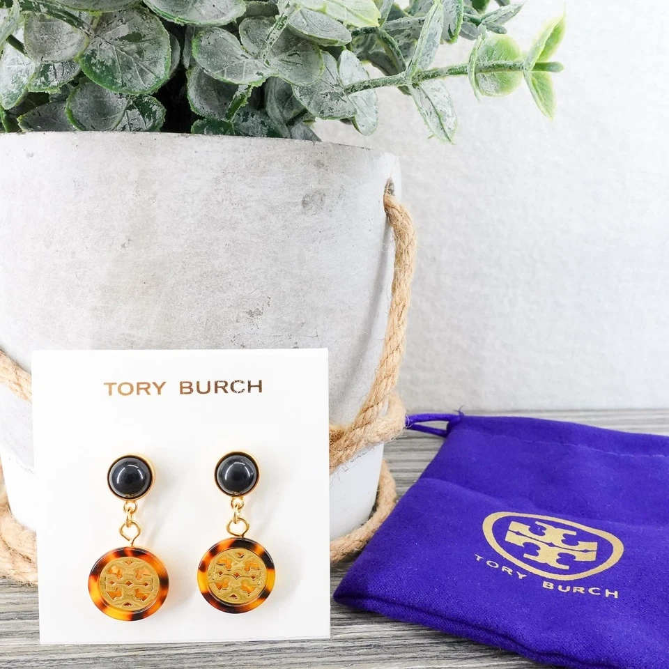 Tory Burch Tortoise Shell Logo Drop Earrings Gold OS - Image 3 of 4