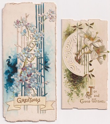 Viktorianische/edwardianische geprägte Grußkarten Vergissmeinnicht Lilien stecken um 1905