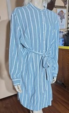 A New Day Size Large Blue Linen Rayon Button Up Shirt Dress Pockets Belted