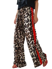 Womens Casual Pants Drawstring Leopard Print Color Block Side Striped Leg