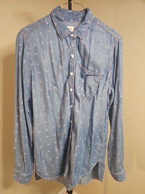 Sneak Peak Women's Large Denim Button Down Shirt Anchor Pattern 100% Lyocell