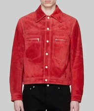 Men's Real Suede Leather Jacket Pinkish Red Trucker Vintage Classic Style Coat
