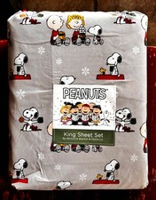 Peanuts Snoopy Christmas KING Size Sheet Set Hot Cocoa Snowflakes Woodstock
