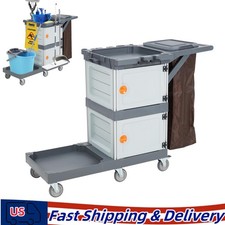 Commercial Janitorial Cart with 2 Cabinet Housekeeping Caddy with Cover Shelves
