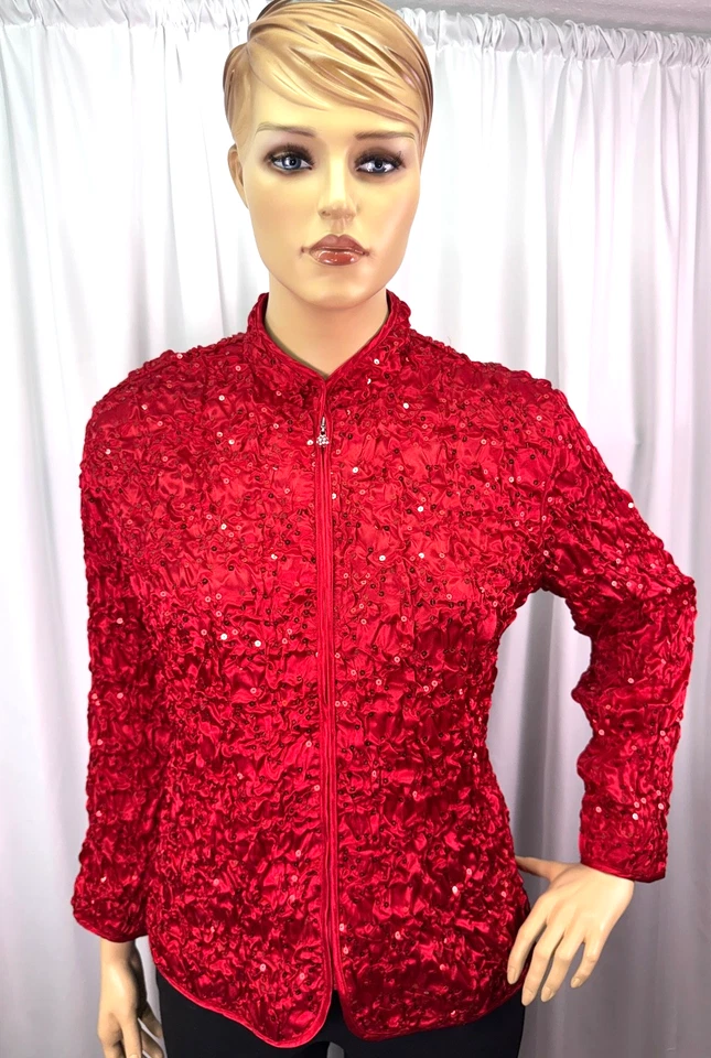 A Dressing Woman Red Sequin Evening Jacket 2X Textured Zip Front Party Top - Image 2 of 4