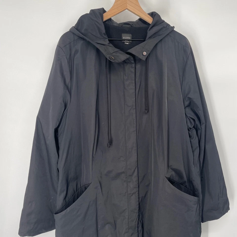 Abrigo parka de lluvia con capucha negra Eileen Fisher 2X chaqueta forrada de algodón Foto 2 de 4
