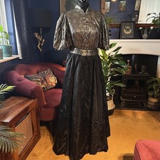 1980s Victorian Revival Steampunk Gold Brocade Maxi Dress Gothic UK14