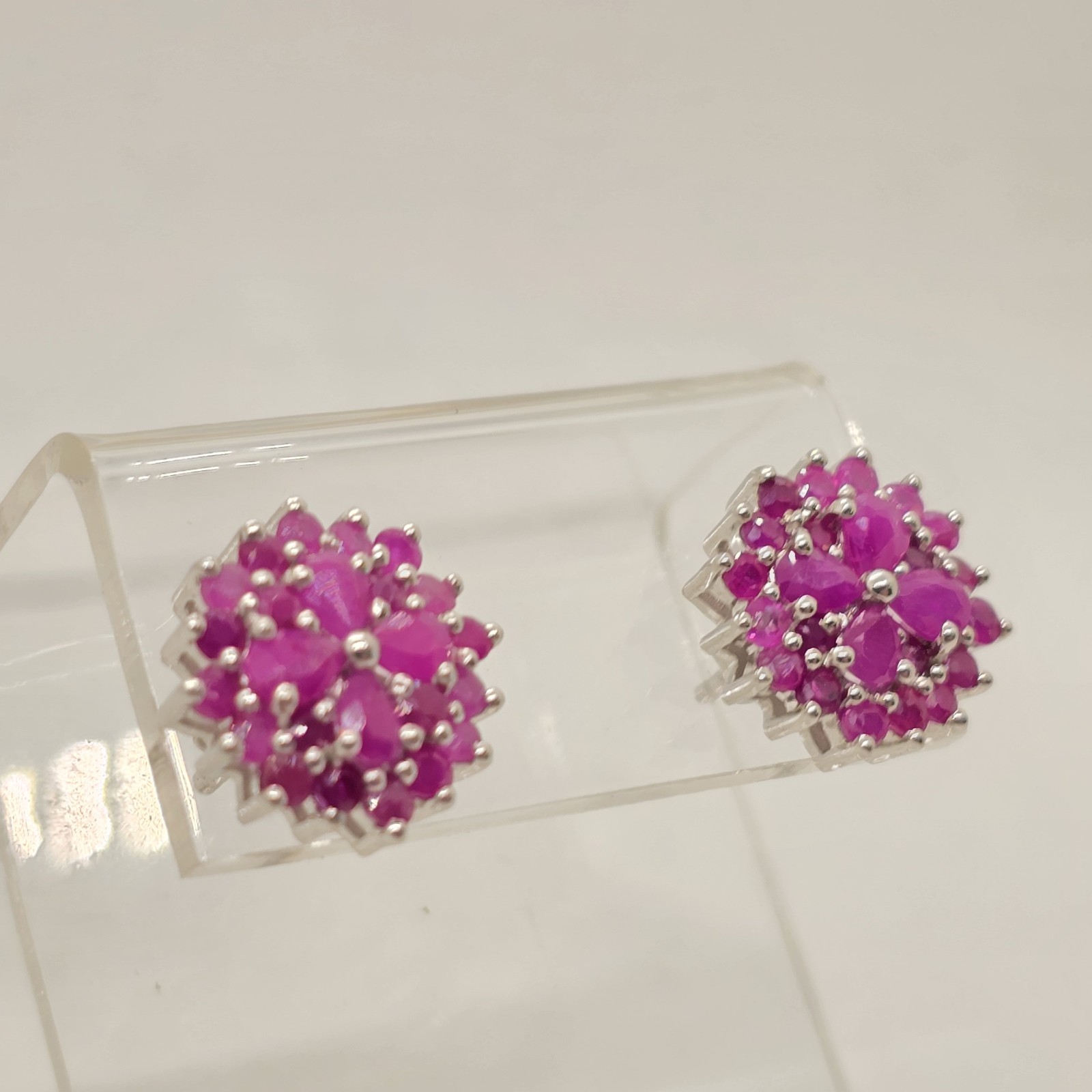 Sterling Silver Ruby Cluster Flower Stud Earrings - image 4
