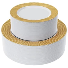 Gold Plastic Plates Set of 102, Disposable Plates with Gold Grid Rim 51 Dinne...