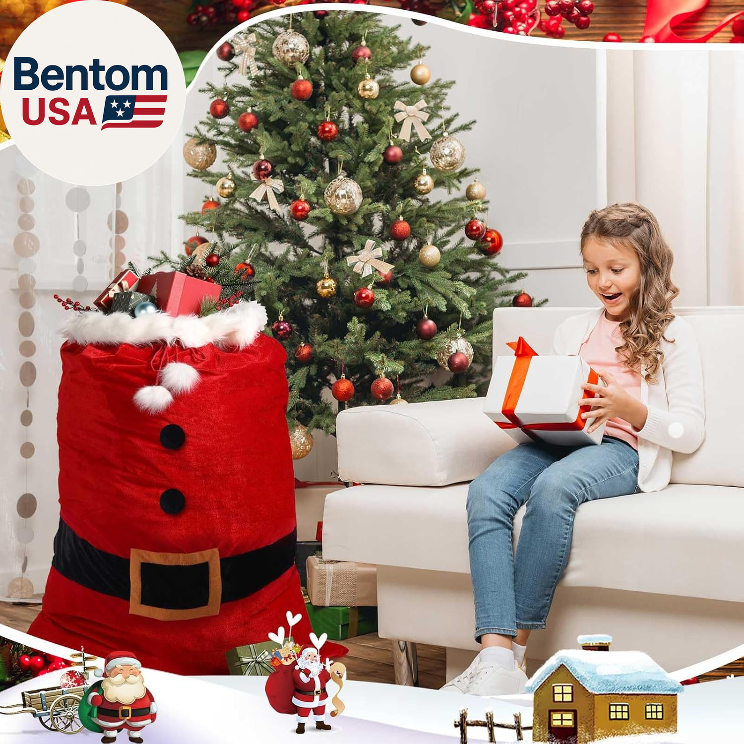 Extra Large Christmas Santa Velvet Gift Bag 56 X 36 Inch Jumbo Red Sack with Cor