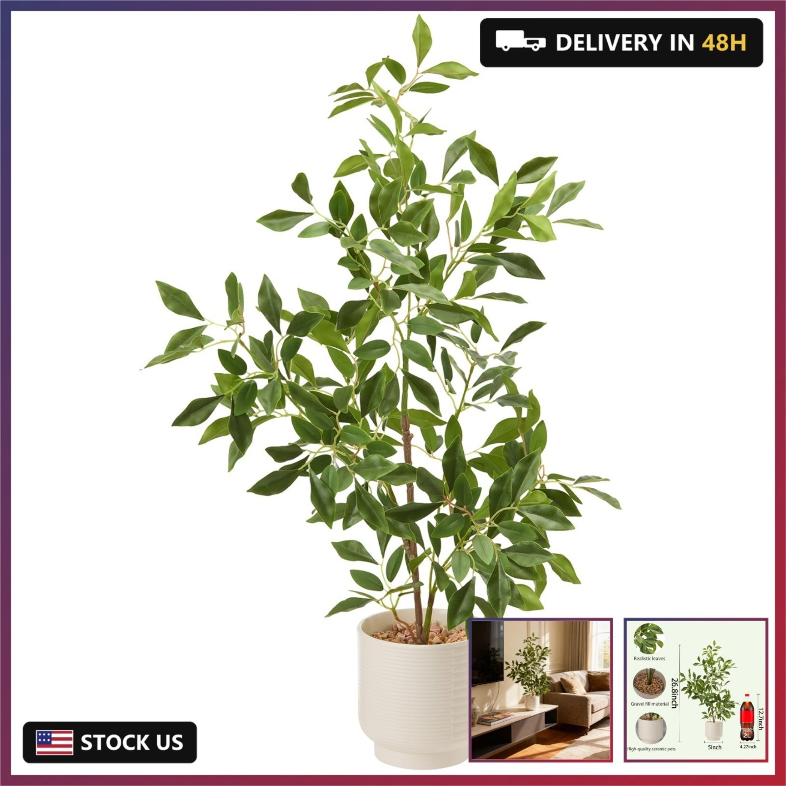Artificial Potted Plants Indoor,27" Faux Plants Ficus Leaves Trees with Ceramic
