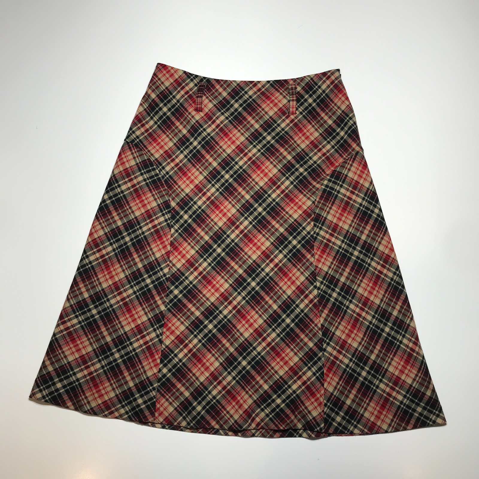 Jones Wear Plaid A-Line Midi Skirt with Side Zip in Black Red Tan