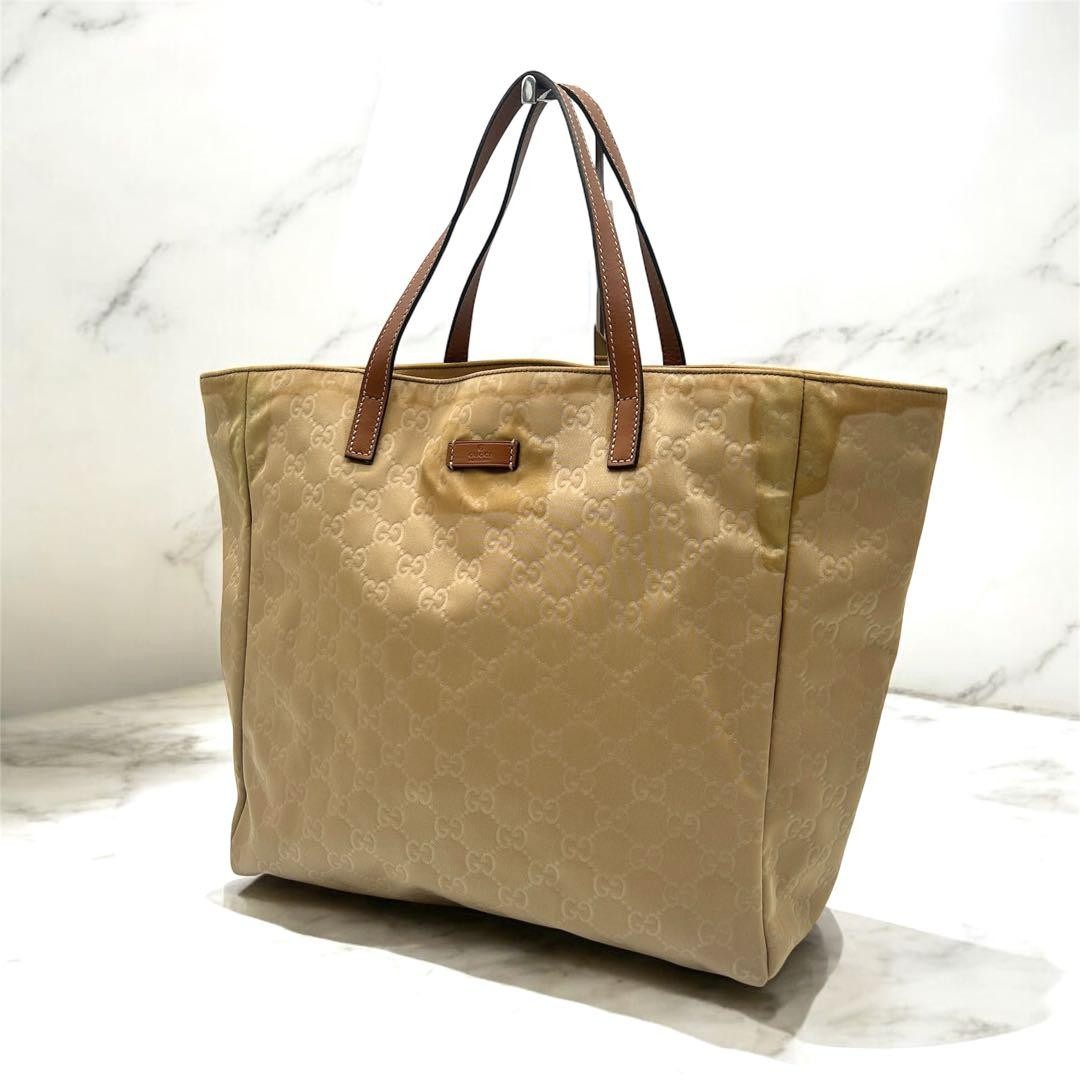 GUCCI beige GG print tote bag in nylon and leather from Japan