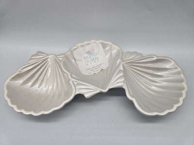 Sigrid Olsen Home Melamine Oyster Triple Bowl Dish Pearl Iridescent White NEW