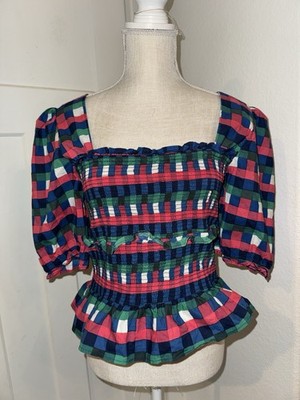 Printfresh Multicolor Plaid Smocked Peplum Top Puffed Sleeves Green Pink Blue M