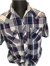 Youngbloods Authentic Western Shirt Mens Large Purples Plaid Pearl Snap Cowboy