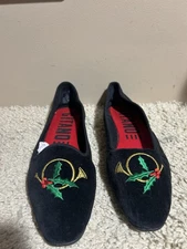 Vintage Gitano Black Velvet Ballet Flats Embroidered Horn/Holly Toe 8.5  Holiday