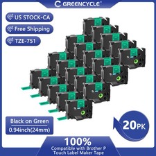 20PK Compatible for Brother TZ Tze751 0.94'' Black on Green Laminated Label Tape