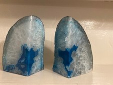 Blue White Crystal Band Geode Agate Rock Book End Paperweights