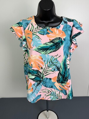 Milk & Honey Women s Pink Green Tropical Leaf Print Flutter Sleeve Spring Top XS