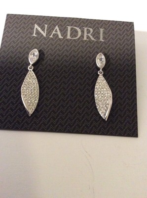 $60 NADRI earrings silver tone clear crystal drop 1.2'' C