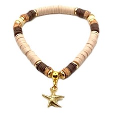Polymer Clay Heishi and Natural Shell Stretch Bracelet - Sunlit Sands - Handmade