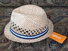 NEW - Boys Beige Straw Fedora Sun Hat w/ blue trim Fits 2T-3T by Gymboree