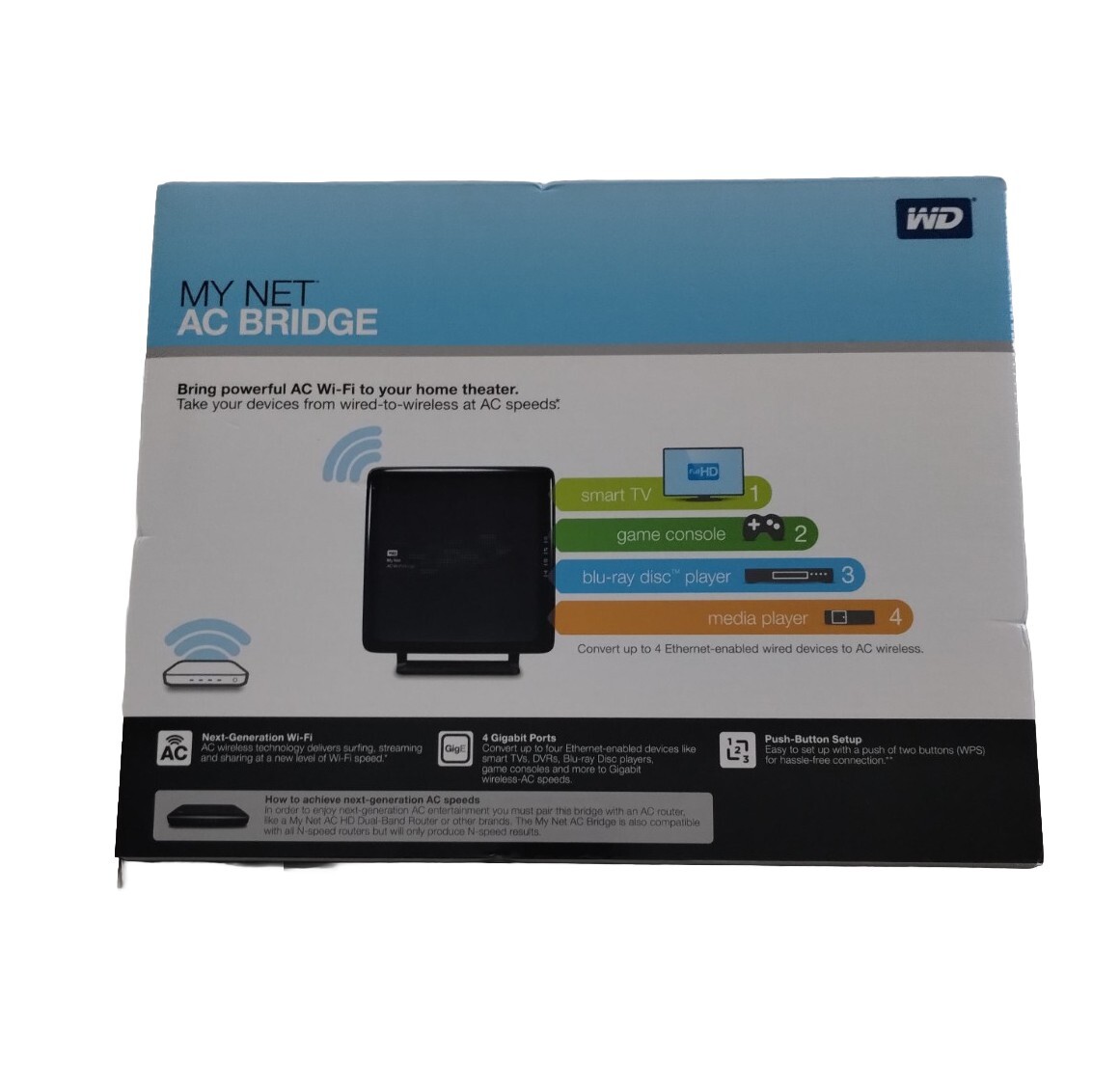 Pont WiFi Western Digital My Net AC Bridge, 4 Ports Gigabit, Modèle WDBMRD0000NBL