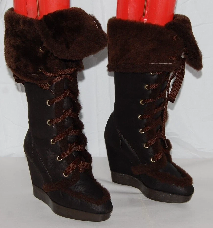 $1285❤️ Botas ALTAS 36.5/6.5 Sergio Rossi Cuero de Oveja Tacones Hasta la Rodilla Cuña Foto 4 de 4