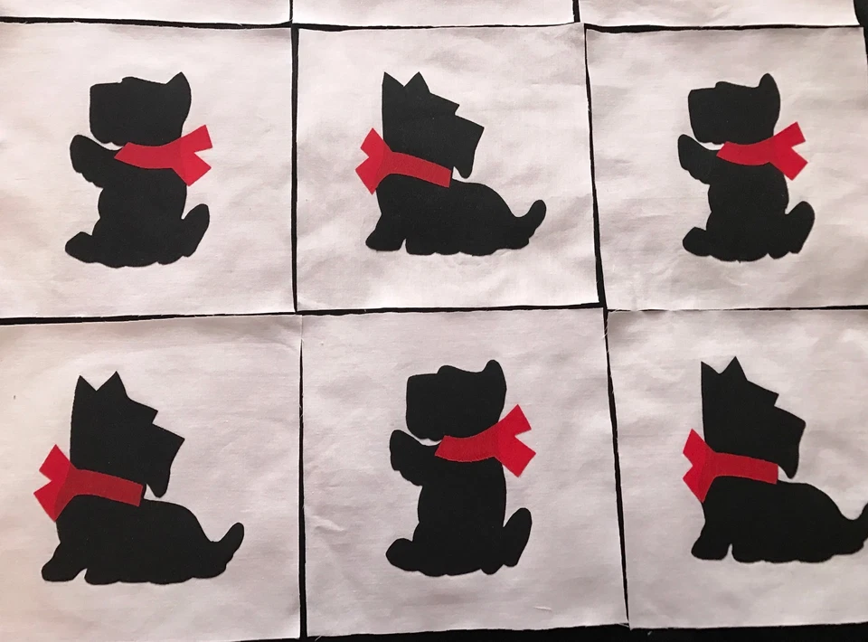 Edredón Top Bloques Negro Scottie Perro Apliques 6" Tela Algodón Arco Rojo Lote de 9 Foto 2 de 3