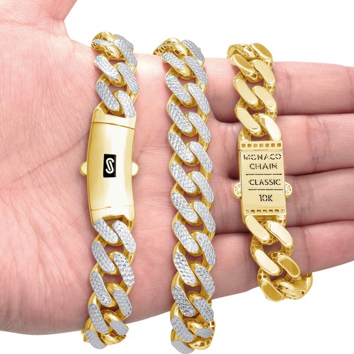 10k Yellow Gold 13mm Monaco Miami Cuban Link Diamond Cut Pave Chain Necklace 22" - Picture 2 of 8