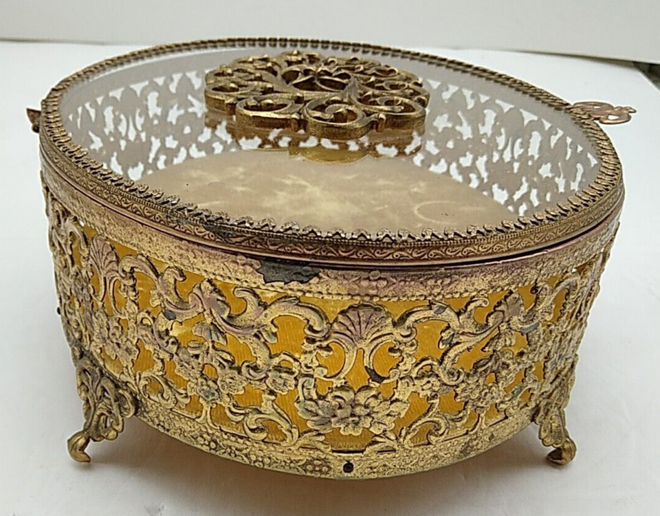 Antique Gold Filigree Ormolu Jewelry Box Casket Amber Glass Jewelry