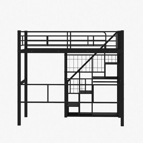 Twin Size Metal Loft Bed with Storage Staircase and Small Wardrobe, Black - Picture 8 of 18