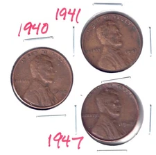 1940 1941 1947  Lincoln 1 cent coin. Average circulated condition.