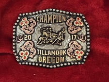 RODEO CHAMPION TROPHY BELT BUCKLE  2017  TILLAMOOK OREGON  PRO TEAM ROPER  RARE  892