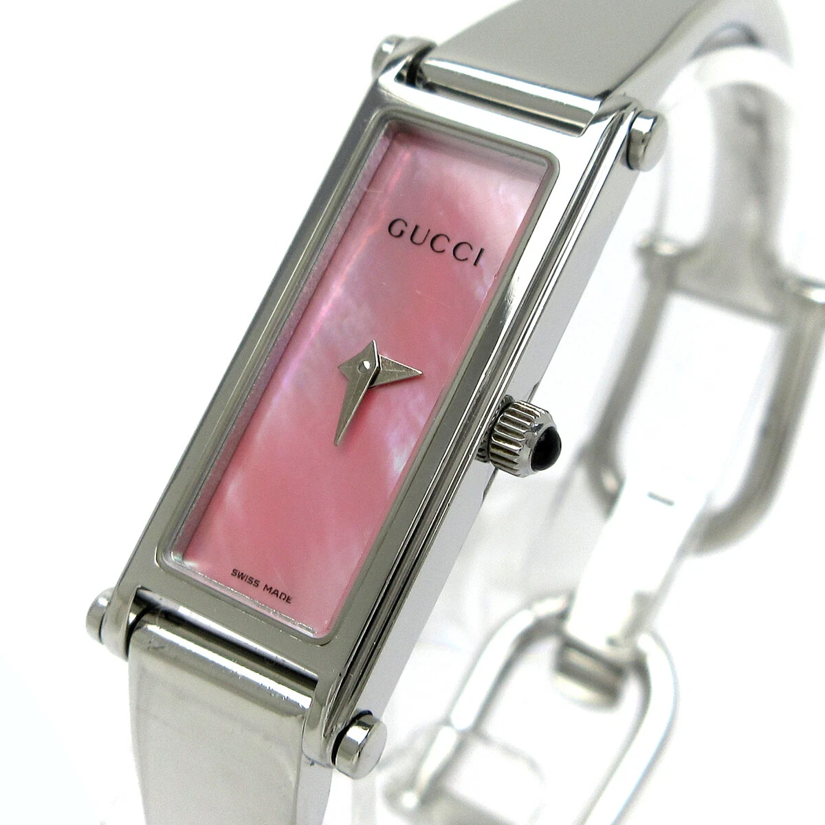Montre à quartz femme Gucci 1500L cadran rectangulaire cadran rose bracelet argenté fonctionne