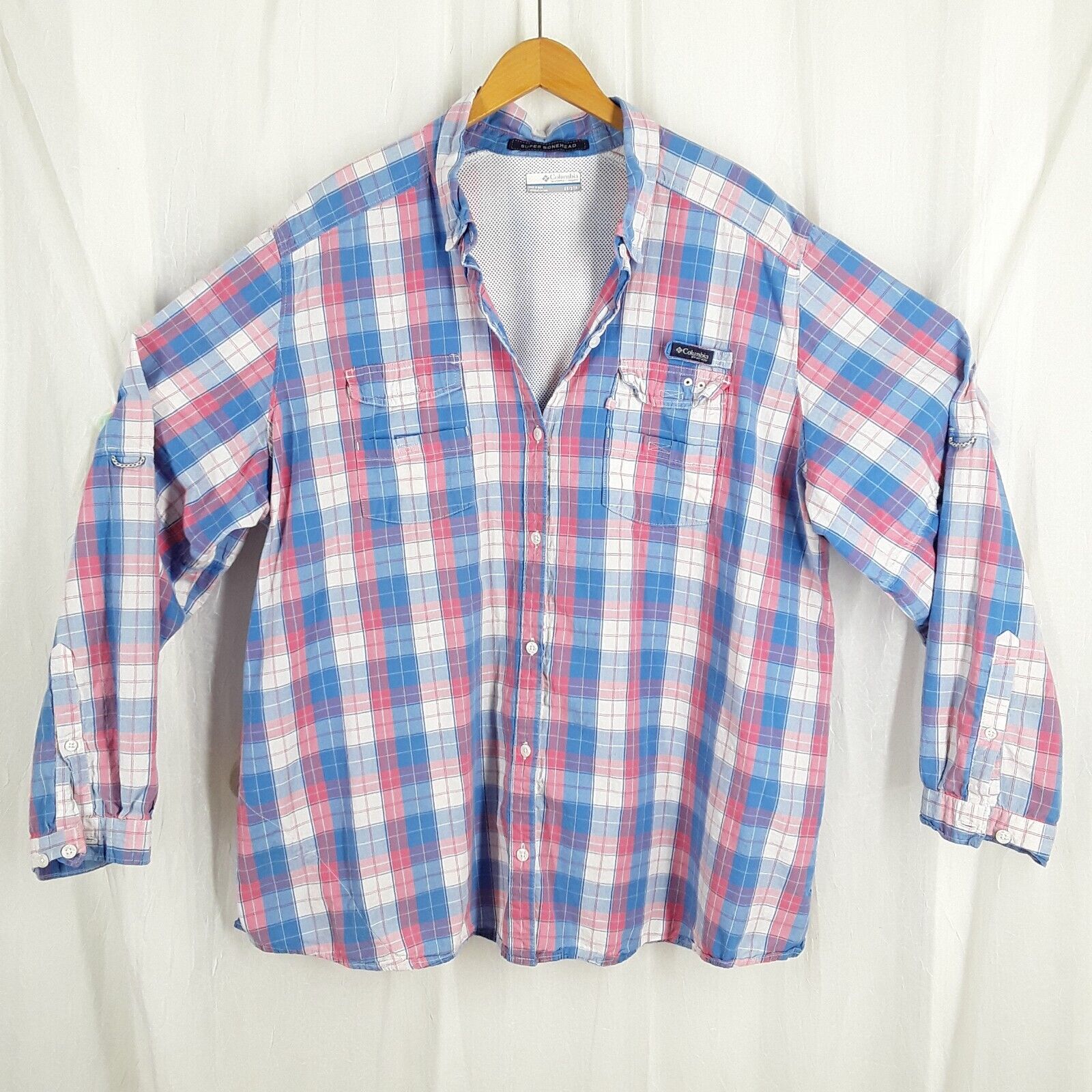 3X Columbia Fishing Shirt, Long Sleeve, Blue Pink Plaid, Super Bonehead PFG Vent