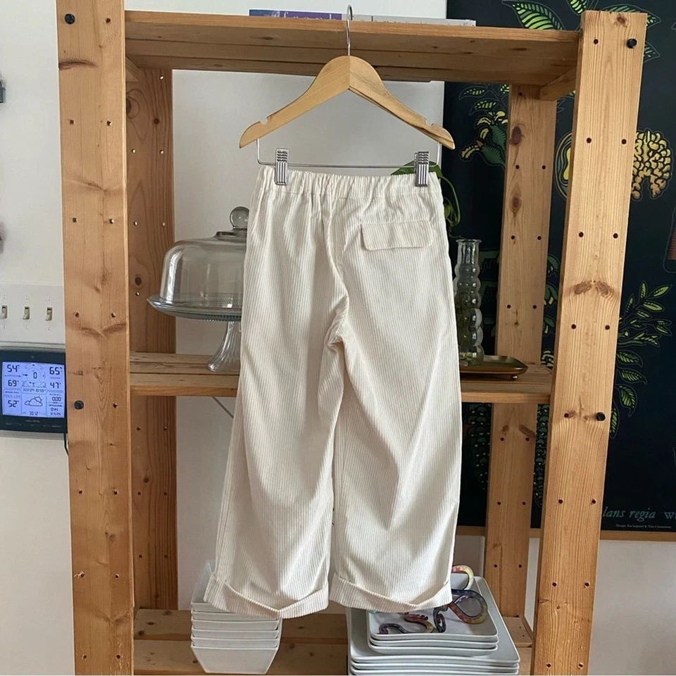 Brunello Cucinelli Kids Cream White Ribbed Wide Leg Corduroy Trousers Pants - Image 3 of 4